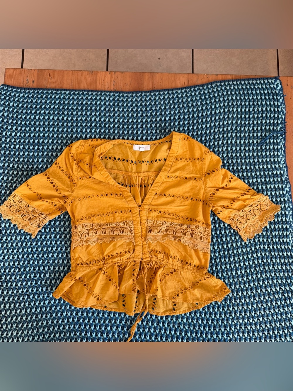 Eyelet Lace Peplum Blouse in Mustard